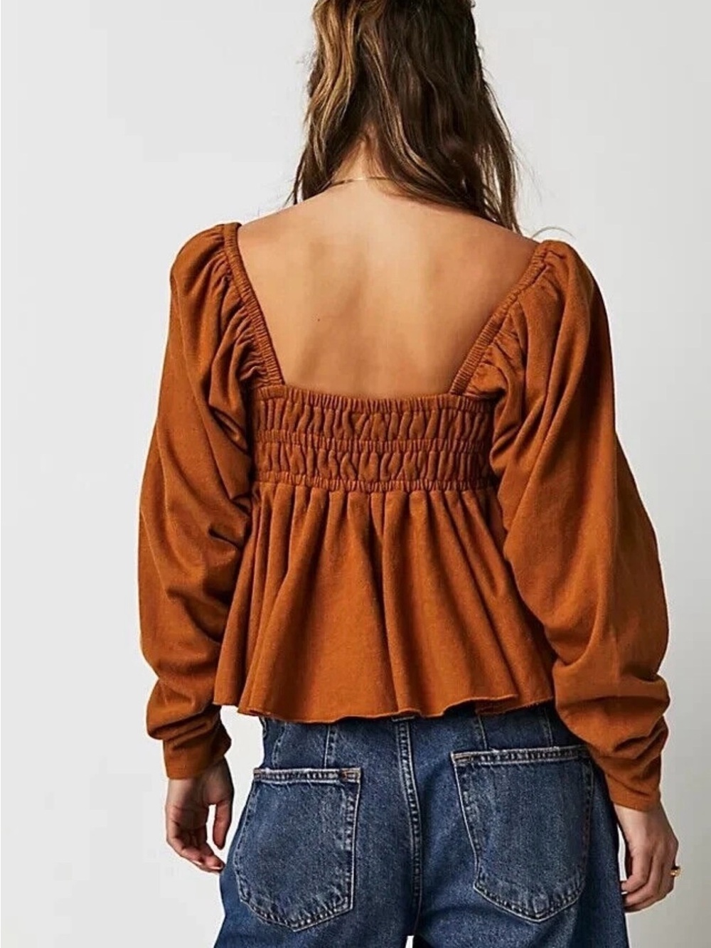 Free People Rust Peplum Long-Sleeve Square-Neck Top - Picture 2 of 8